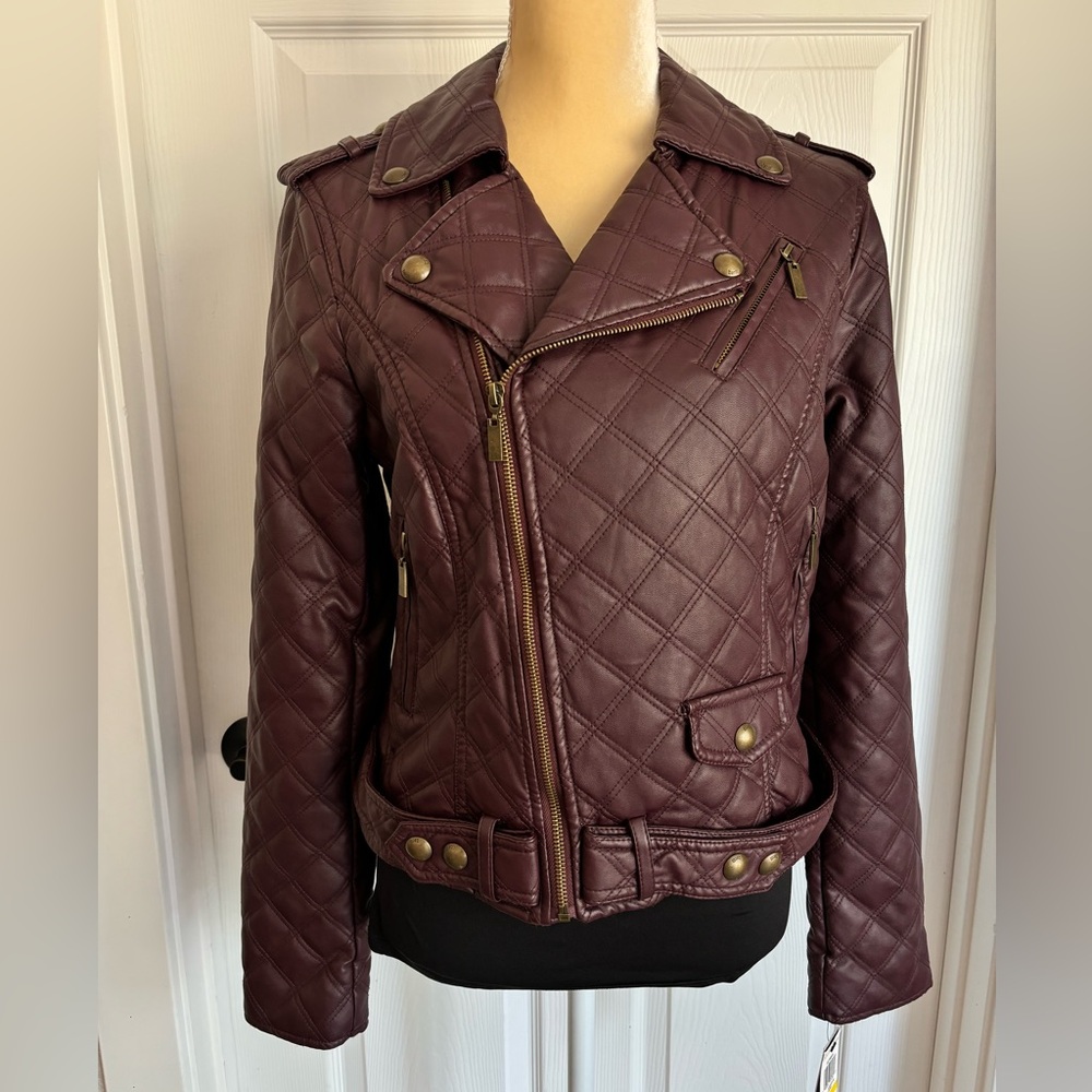 Faux Leather Quilt Jacket Dark Mulberry Sz. M NWT